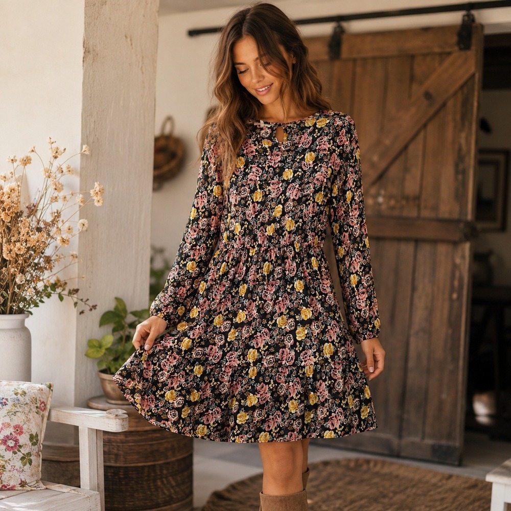 Maurices Floral Mesh Long Sleeve Tiered Midi Dress Black Pink Yellow S NWT